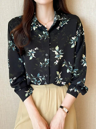 Floral Print Button Front Shirt, Elegant Long Sleeve