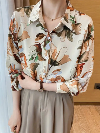 Floral Print Button Front Shirt, Elegant Long Sleeve