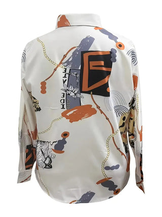 Graphic Print Button Down Shirt, Vintage Long Sleeve