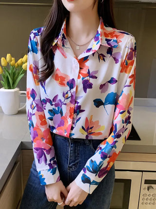 Floral Print Button Front Shirt, Casual Lapel Long Sleeve