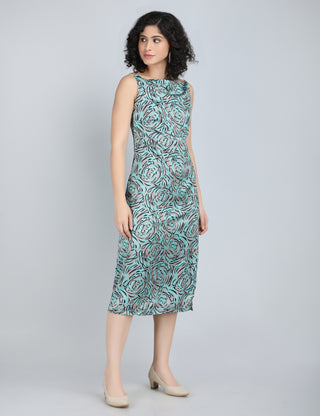 Elegant Turquoise Rose Print Midi Dress