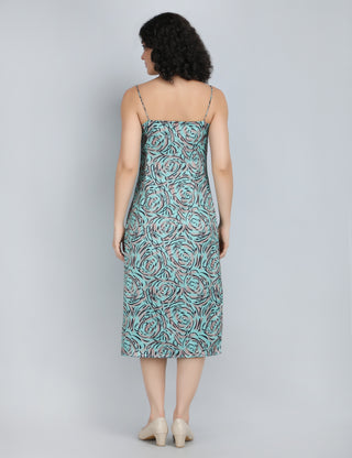 Elegant Turquoise Rose Print Midi Dress