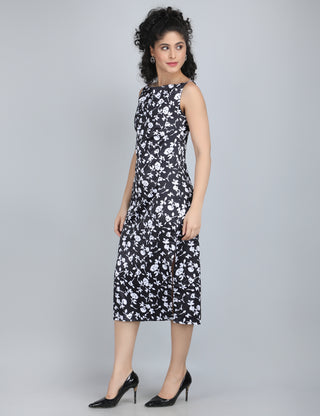 Black and White Floral Elegance Midi Dress