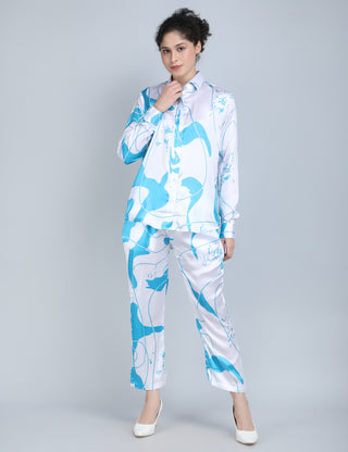 Blue Abstract Print Satin Co-Ord Set