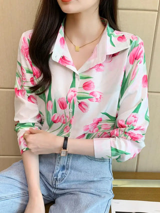 Floral Print Button Front Shirt, Casual Long Sleeve