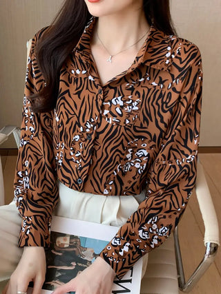 Tiger Print Button Front Shirt, Casual Long Sleeve