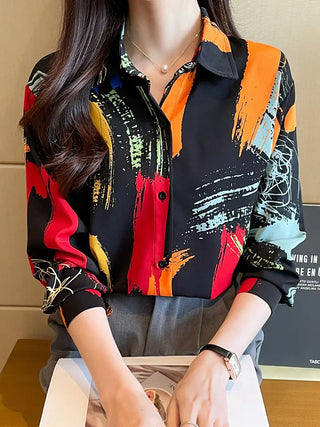 Colorful Print Button Front Shirt, Casual Cuff Sleeve