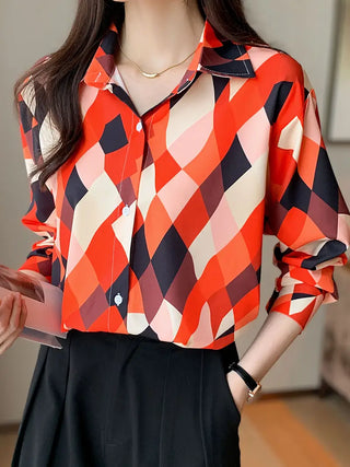 Geo Print Button Front Shirt, Elegant Long Sleeve