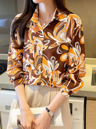 Floral Print Button Front Shirt, Elegant Long Sleeve