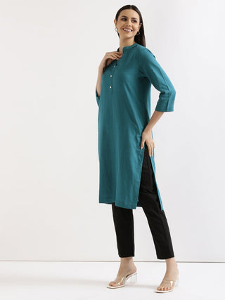 Turquoise Airy Linen Long Kurta