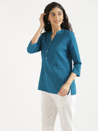 Turquoise Airy Linen Short Kurta