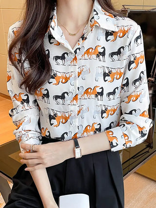 Horses Print Button Front Shirt, Casual Long Sleeve