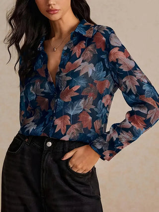 Autumn Leaves Print Polo Collar Shirt, Casual Long Sleeve