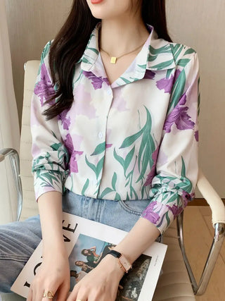 Floral Print Polo Collar Button Shirt, Casual Long Sleeve