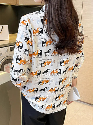 Horses Print Button Front Shirt, Casual Long Sleeve