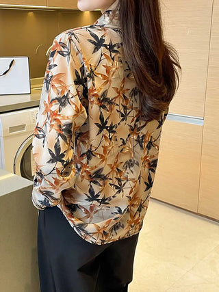 Maple Print Button Front Shirt, Elegant Long Sleeve