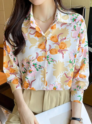 Floral Print Button Front Shirt, Casual Cuff Sleeve RED