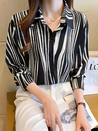 Striped Print Button Front Shirt, Versatile Long Sleeve