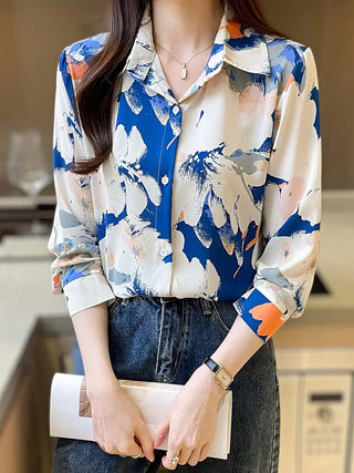 Floral Allover Print Button Up Blouse, Long Sleeve