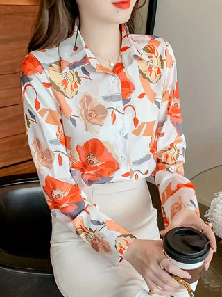 Floral Print Shirt, Elegant Button Front Long Sleeve