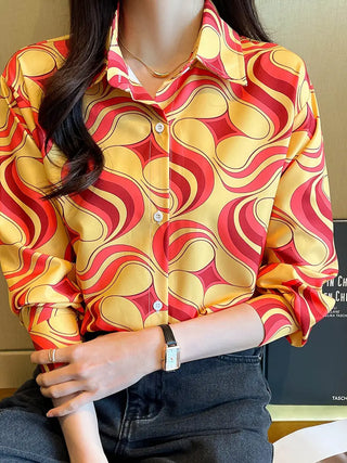 Graphic Print Button Front Shirt, Versatile Long Sleeve