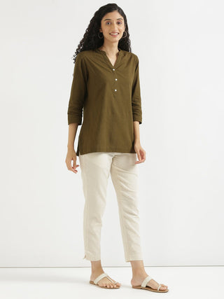 Olive Green Airy Linen Short Kurta