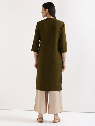 Olive Green Airy Linen Long Kurta