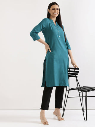 Turquoise Airy Linen Long Kurta