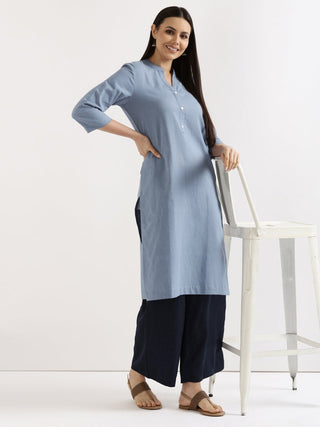 English Blue Airy Linen Long Kurta