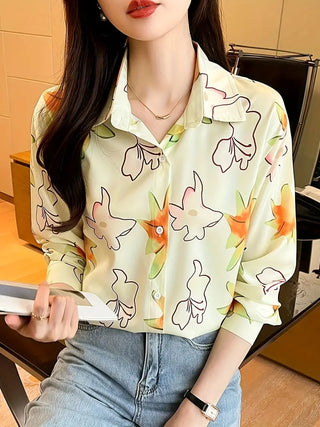 Floral Print Polo Collar Button Shirt, Casual Long Sleeve