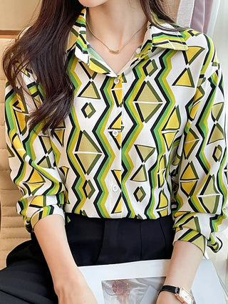 Geo Print Button Front Shirt, Casual Long Sleeve