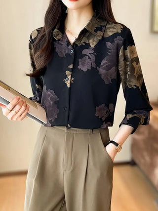 Floral Print Polo Collar Button Shirt, Elegant Long Sleeve