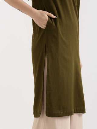 Olive Green Airy Linen Long Kurta