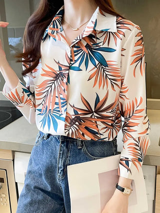 Leaf Print Button Front Shirt, Elegant Long Sleeve