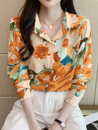 Floral Print Button Front Shirt, Casual Collar Long Sleeve