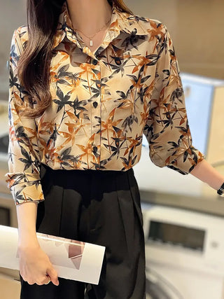 Maple Print Button Front Shirt, Elegant Long Sleeve