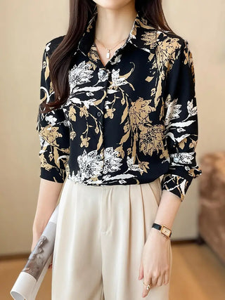 Floral Print Button Front Shirt, Elegant Long Sleeve