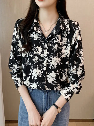 Floral Print Button Front Shirt, Elegant Collar Long Sleeve