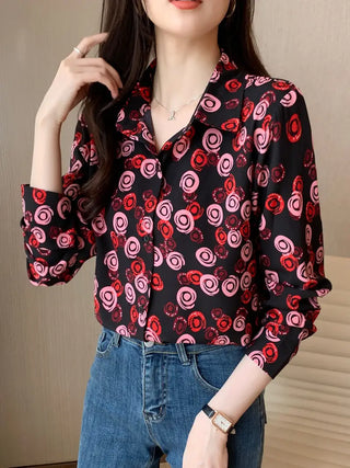 Allover Print Button Front Shirt, Casual Cuff Sleeve