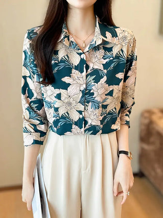 Floral Print Button Down Shirt, Elegant Long Sleeve