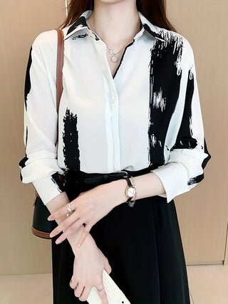 Brush Print Button Front Shirt, Casual Turn Down Collar Long Sleeve