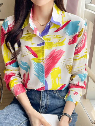 Abstract Watercolor Painting Print Shirt, Versatile Long Sleeve