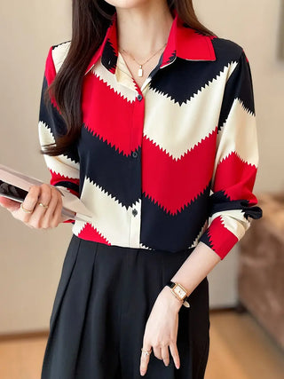 Geo Print Button Front Shirt, Elegant Long Sleeve