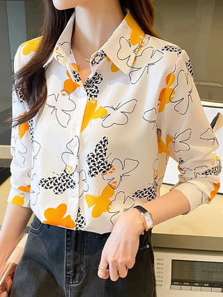 Butterfly Print Button Down Shirt, Vintage Long Sleeve