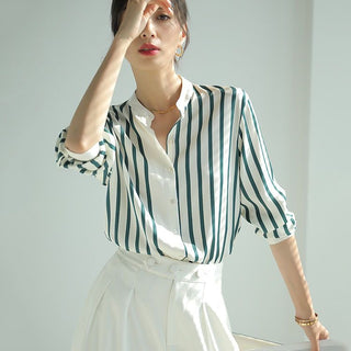 Emerald Stripe Mandarin Collar Shirt
