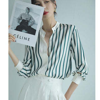 Emerald Stripe Mandarin Collar Shirt