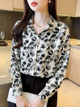 Floral Print Button Front Shirt, Casual Long Sleeve