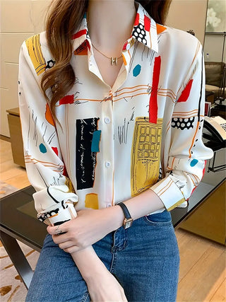 Colorblock Graphic Print Polo Collar Button Shirt, Casual Long Sleeve