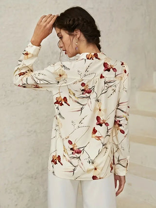 Floral Print Notched Neck Blouse, Elegant Long Sleeve