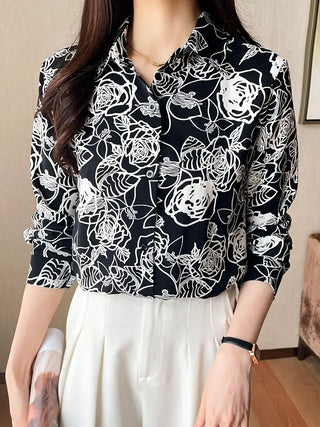 Abstract Flower Print Button Front Shirt, Casual Cuff Sleeve